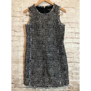Banana Republic Tweed Dress Womens 2 Black Sheath Fringe Trim Cube Print